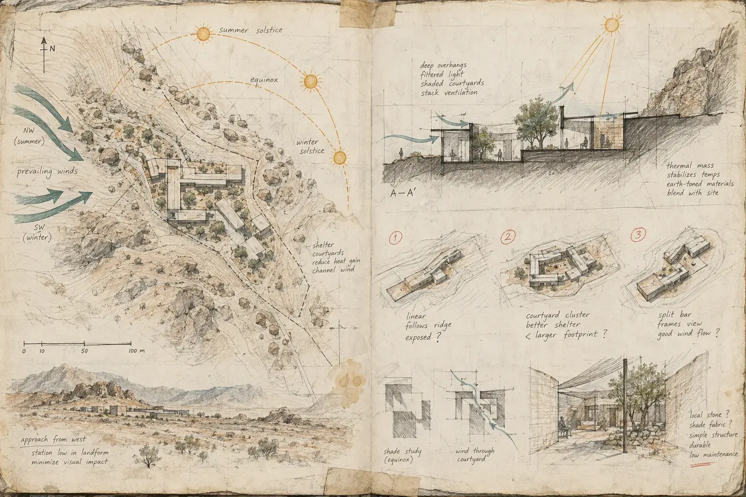 Desert research station site, climate, and massing studies