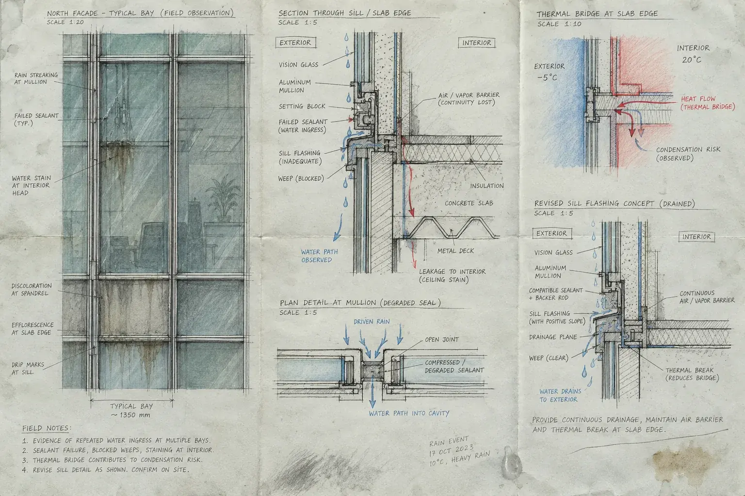 Curtain-wall facade and sill details tracing water and heat movement