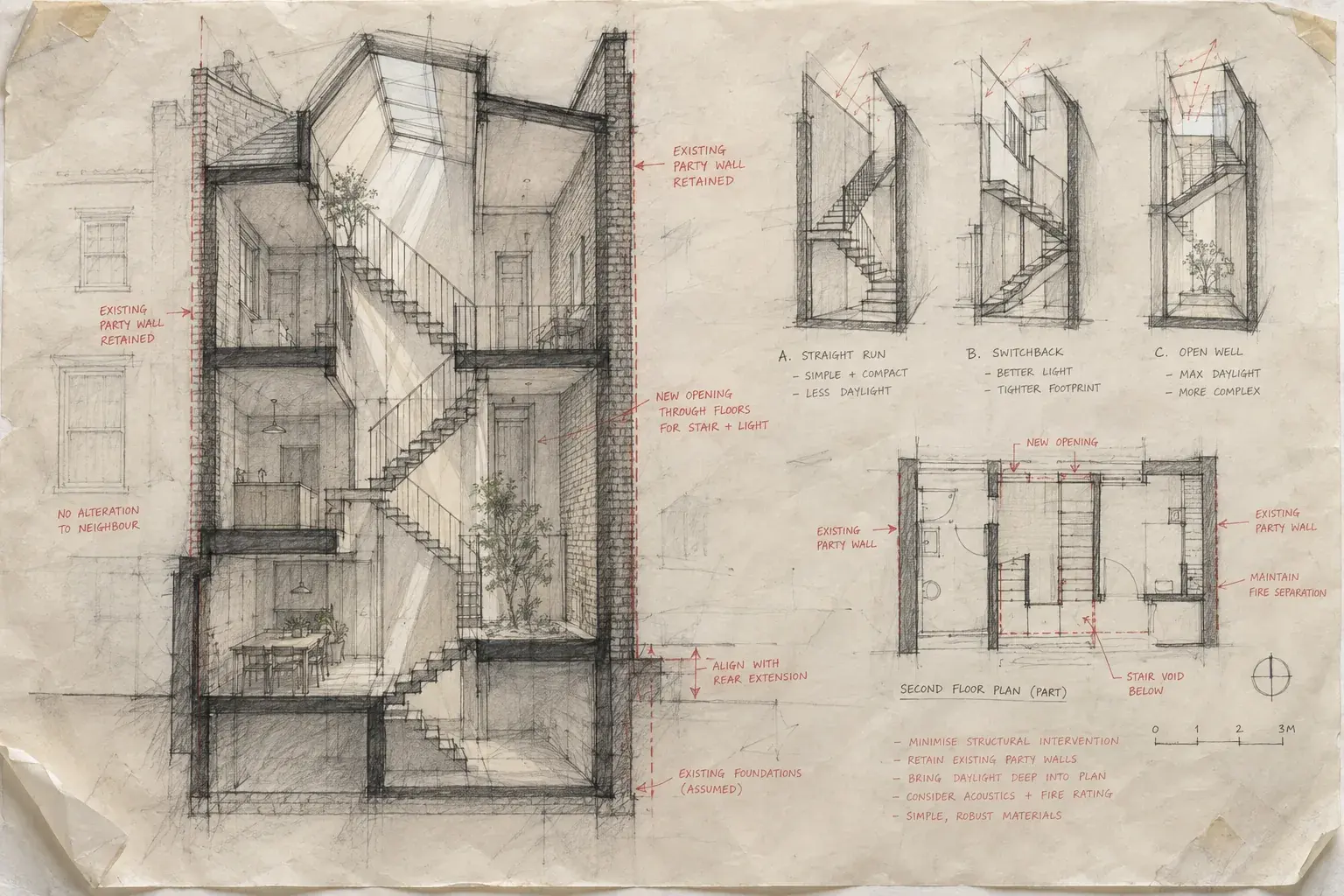 Sectional perspective and alternatives for a daylit stair in a narrow brick house