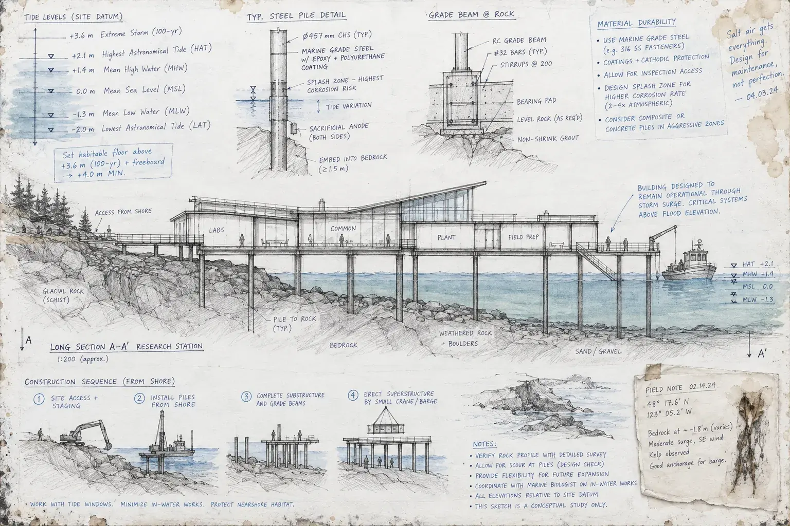 Coastal research station section with tide levels, piles, and construction sequence
