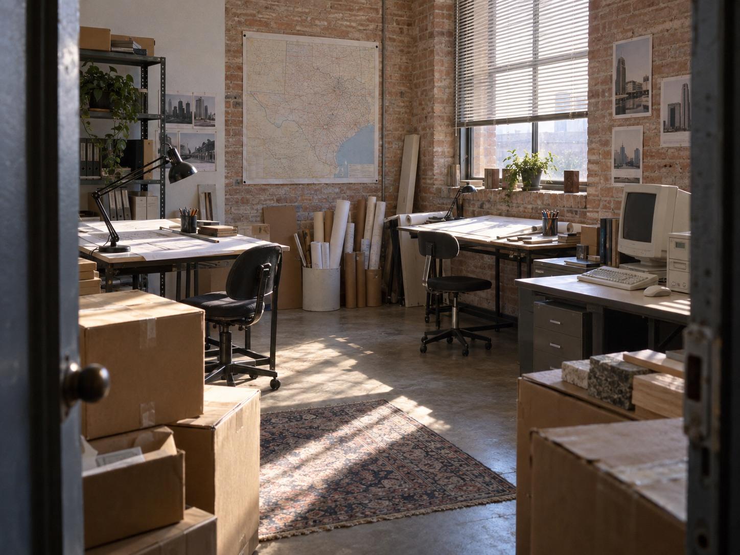 Newly occupied late-1990s architecture office in a Dallas brick building
