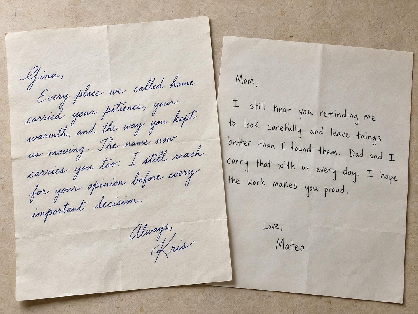 Two handwritten remembrance letters to Gina from Kris and Mateo, written in different pen inks