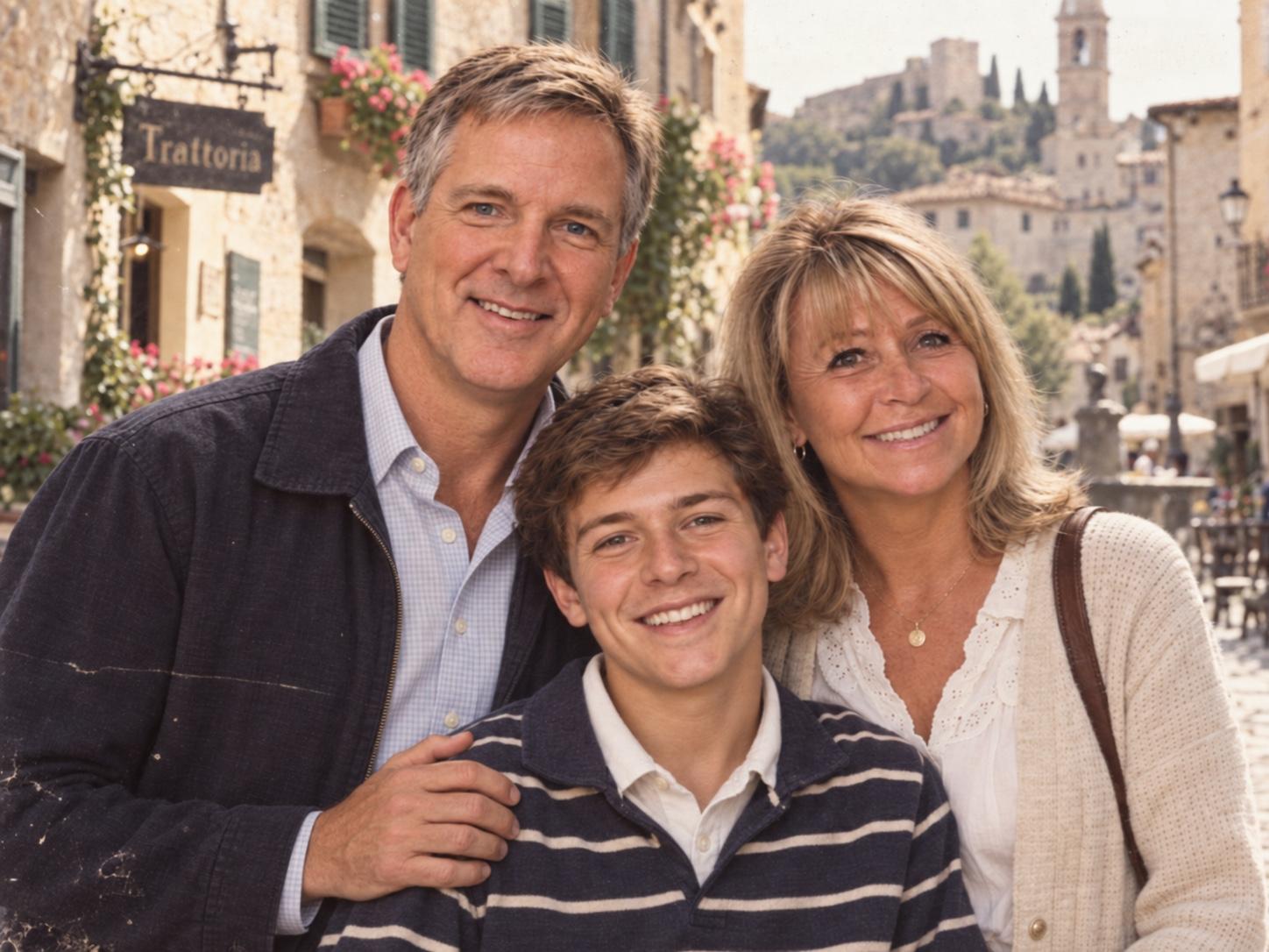 Kristofer, Gina, and a younger Mateo together in an Italian hill town