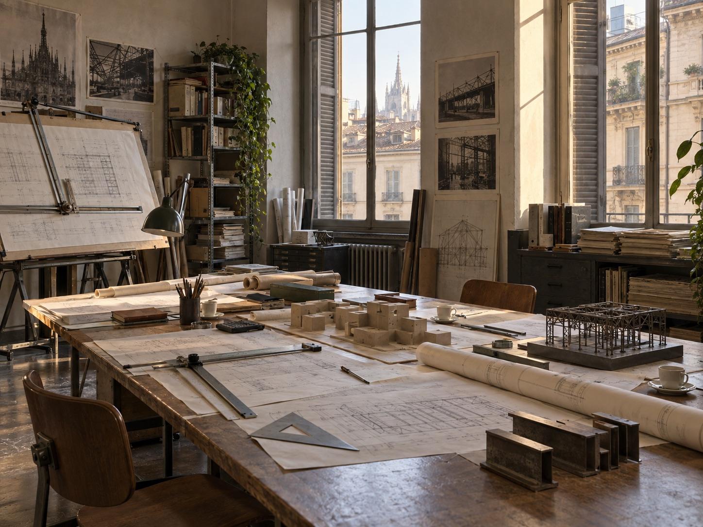 Unoccupied Milan architecture studio with drawings and structural models