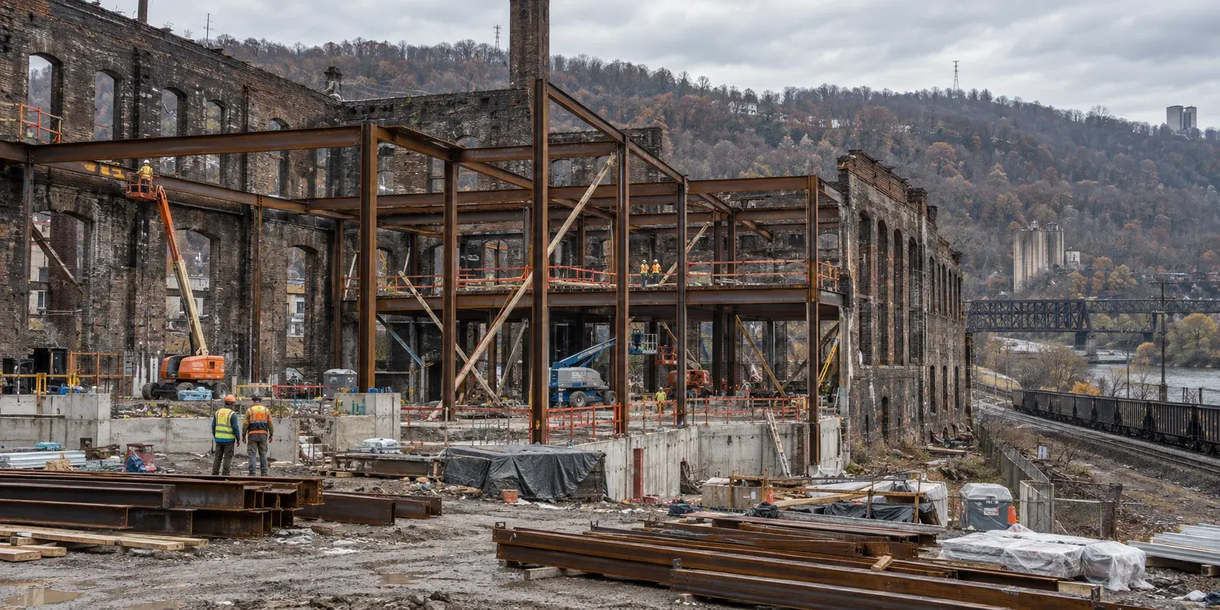 New steel frame under construction inside an existing brick foundry